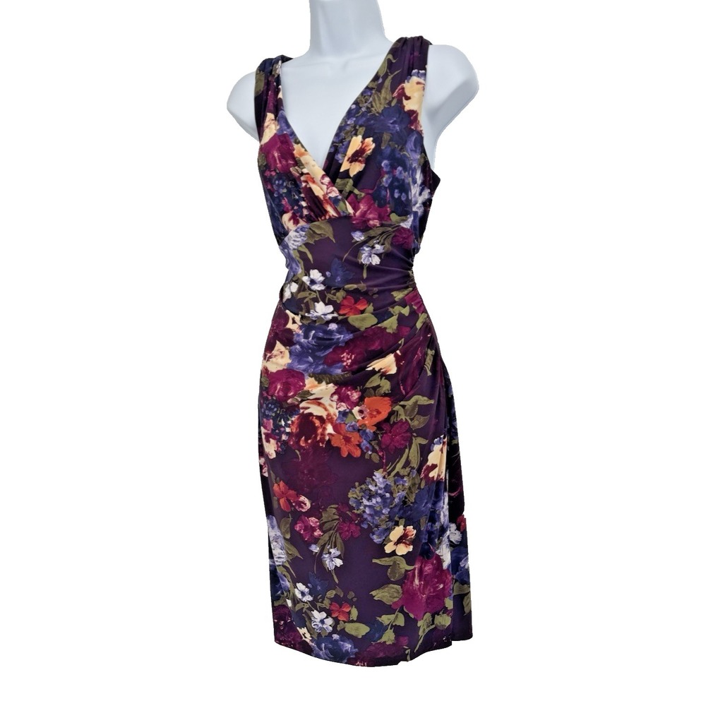 Lauren Ralph Lauren Sleeveless Dress Ruched Floral Purple Bloom‎ Cottage wedding